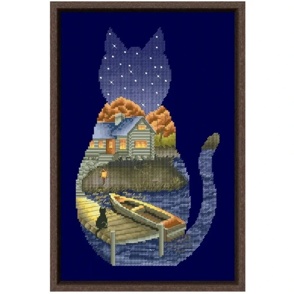 Cat in the Moonlight Cross Stitch Kit Cat Craft Kit Kitty Scene A17